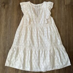 LOFT Shimmer Clip Textured Ruffle Tie Neck Gold Metallic Tiered Dress Womens M